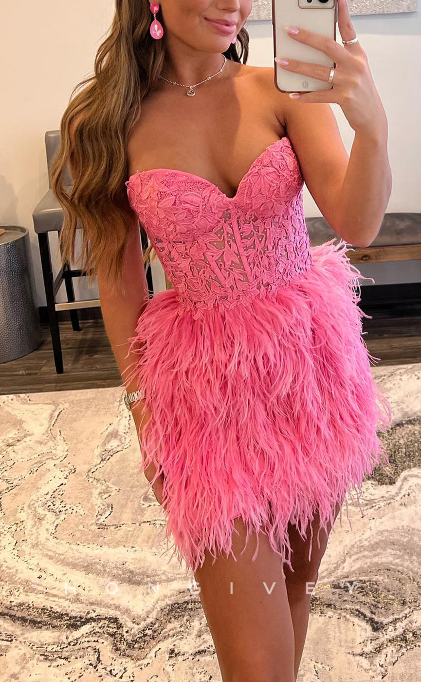 H1681 - Sweet Illusion Feathered Lace Applique Strapless Short Homecoming Graduation Party Dress