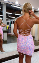 H1700 - Glitter Fully Sequined Lace-Up Back Short Party Graduation Homecoming Dress