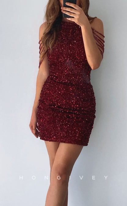 H1702 - Glitter Fully Sequined Beaded Short Party Homecoming Graduation Dress