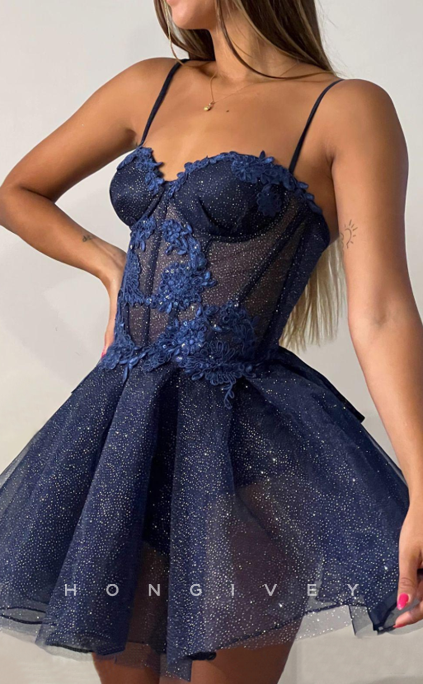 H1705 - Sparkly Lace Applique Illusion Strappy Short  Homecoming Graduation Party Dress