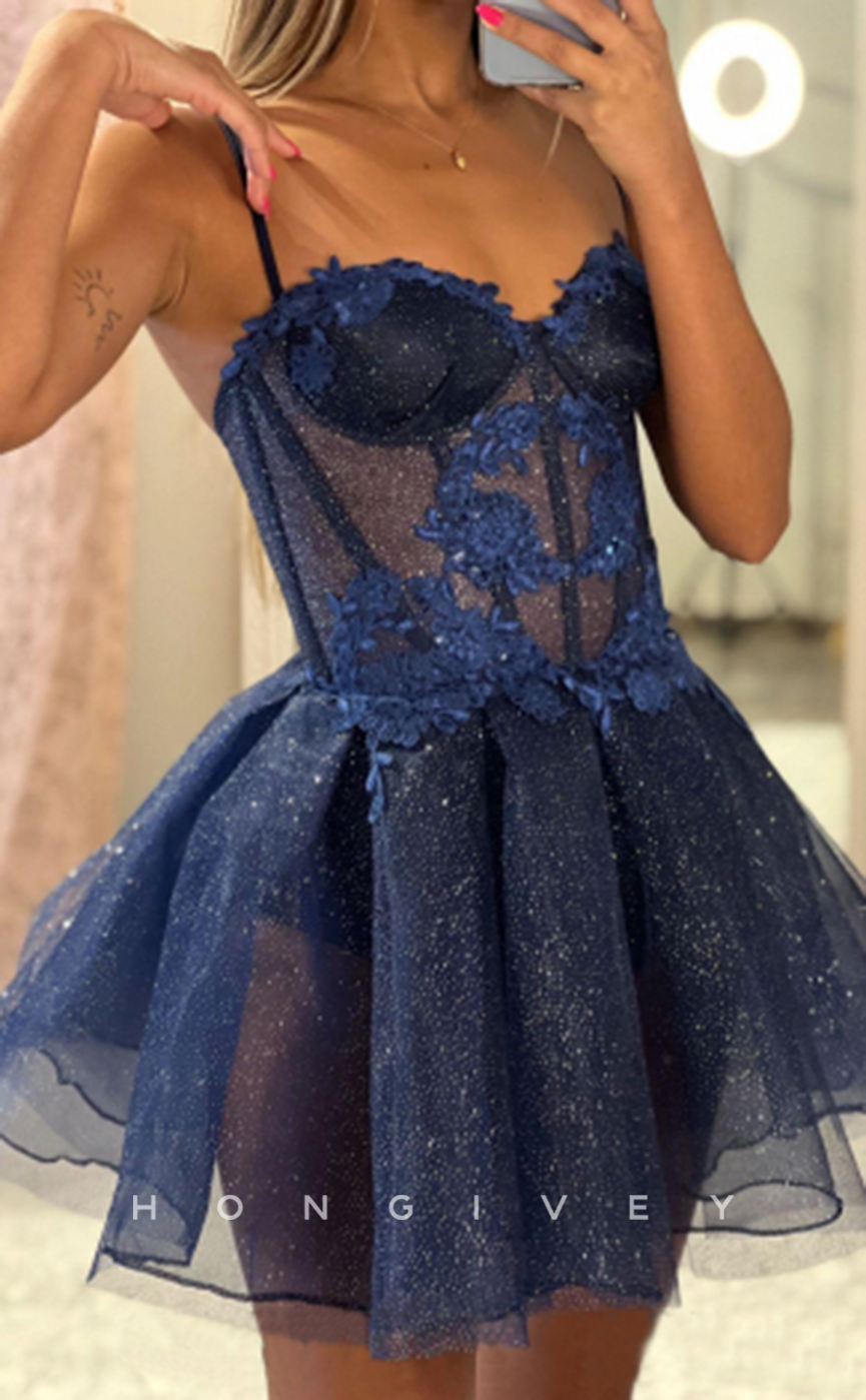 H1705 - Sparkly Lace Applique Illusion Strappy Short  Homecoming Graduation Party Dress