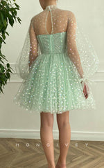 H1713 - Sweet Two Piece Print Sheer Long Sleeve Short Graduation Party Homecoming Dress