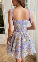 H1715 - Illusion Fully Floral Embroidered With Bow Detail Short Graduation Party Homecoming Dress