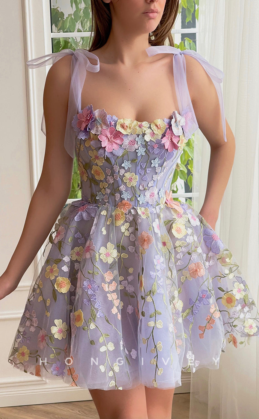H1715 - Illusion Fully Floral Embroidered With Bow Detail Short Graduation Party Homecoming Dress