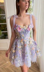 H1715 - Illusion Fully Floral Embroidered With Bow Detail Short Graduation Party Homecoming Dress