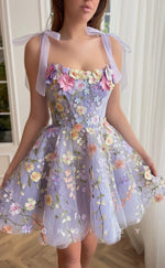 H1715 - Illusion Fully Floral Embroidered With Bow Detail Short Graduation Party Homecoming Dress