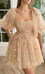 H1717 - Sheer Fully Star Shape Glitter Print Puff Sleeves Short Graduation Party Homecoming Dress