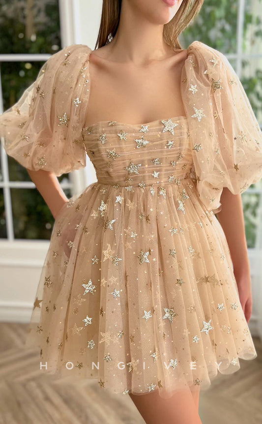 H1717 - Sheer Fully Star Shape Glitter Print Puff Sleeves Short Graduation Party Homecoming Dress