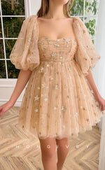 H1717 - Sheer Fully Star Shape Glitter Print Puff Sleeves Short Graduation Party Homecoming Dress