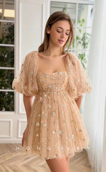 H1717 - Sheer Fully Star Shape Glitter Print Puff Sleeves Short Graduation Party Homecoming Dress