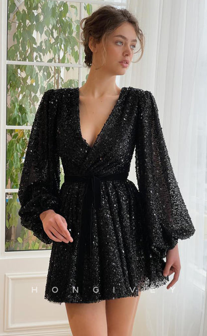 H1718 - Fully Sequined Deep V-Neck Long Sleeves Belt Short Graduation Party Homecoming Dress