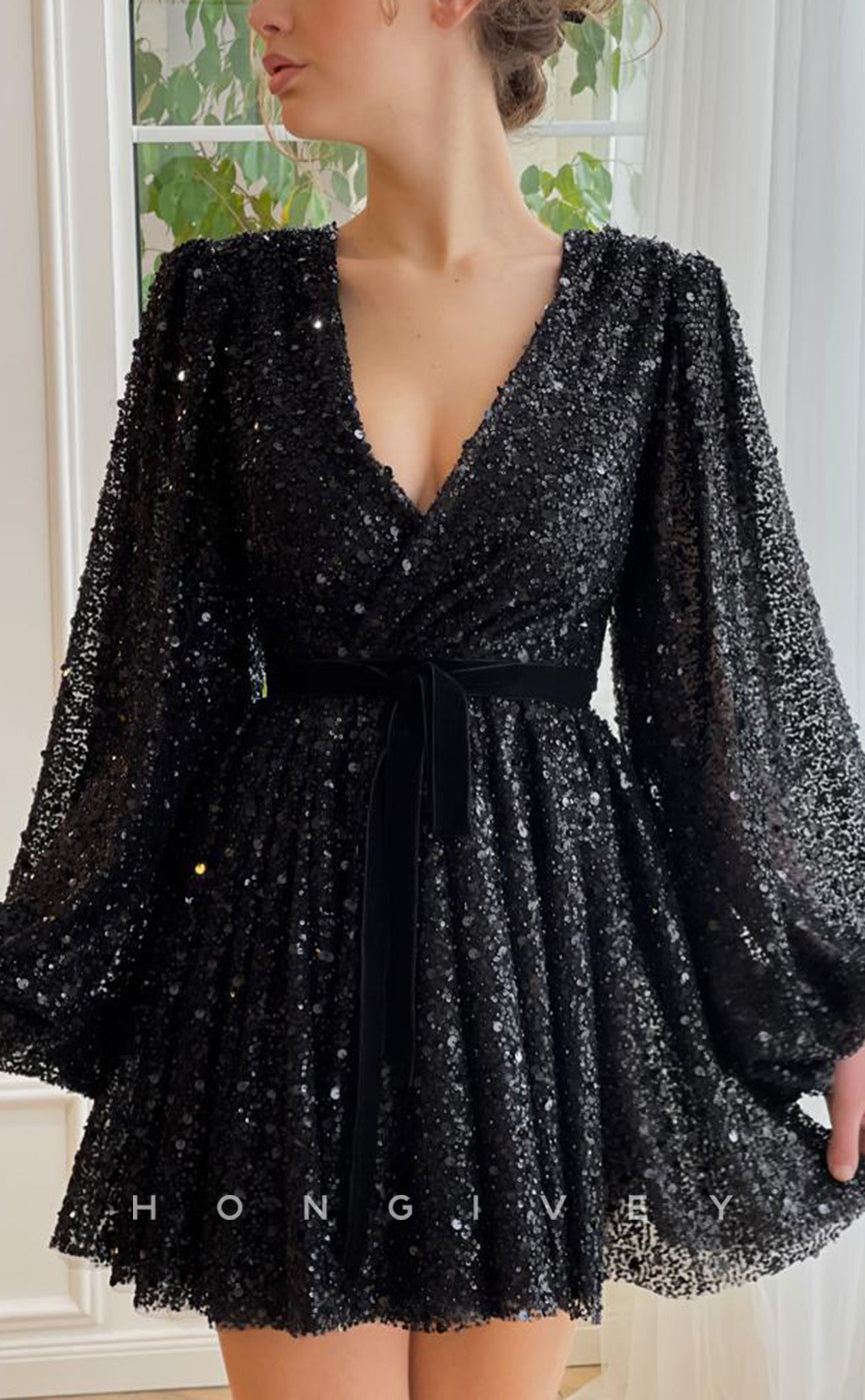 H1718 - Fully Sequined Deep V-Neck Long Sleeves Belt Short Graduation Party Homecoming Dress