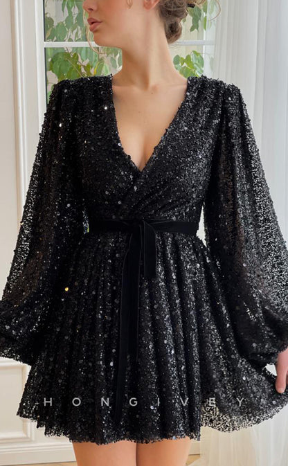 H1718 - Fully Sequined Deep V-Neck Long Sleeves Belt Short Graduation Party Homecoming Dress