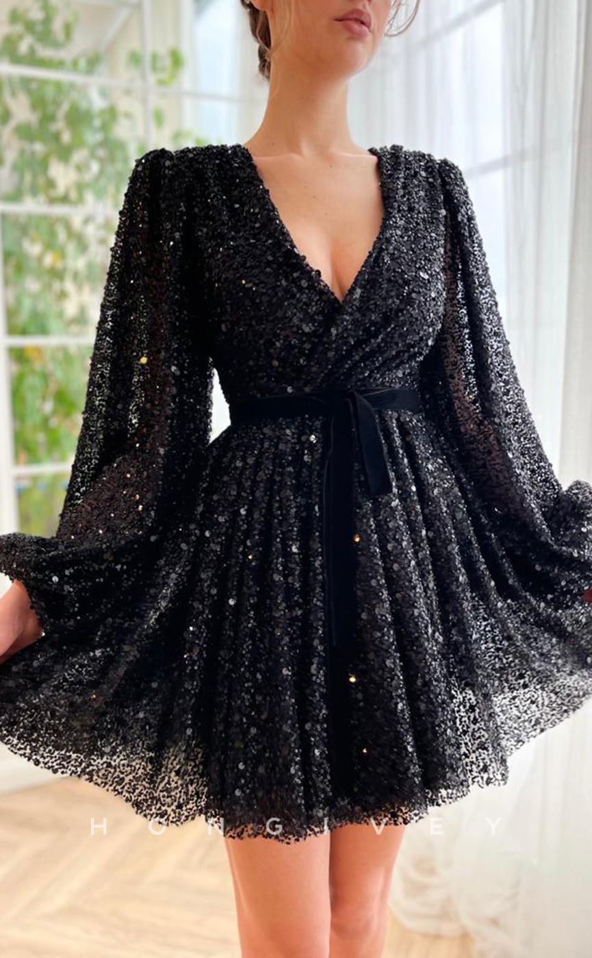 H1718 - Fully Sequined Deep V-Neck Long Sleeves Belt Short Graduation Party Homecoming Dress