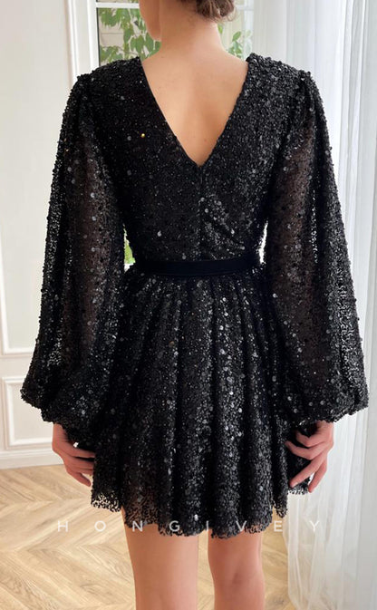 H1718 - Fully Sequined Deep V-Neck Long Sleeves Belt Short Graduation Party Homecoming Dress