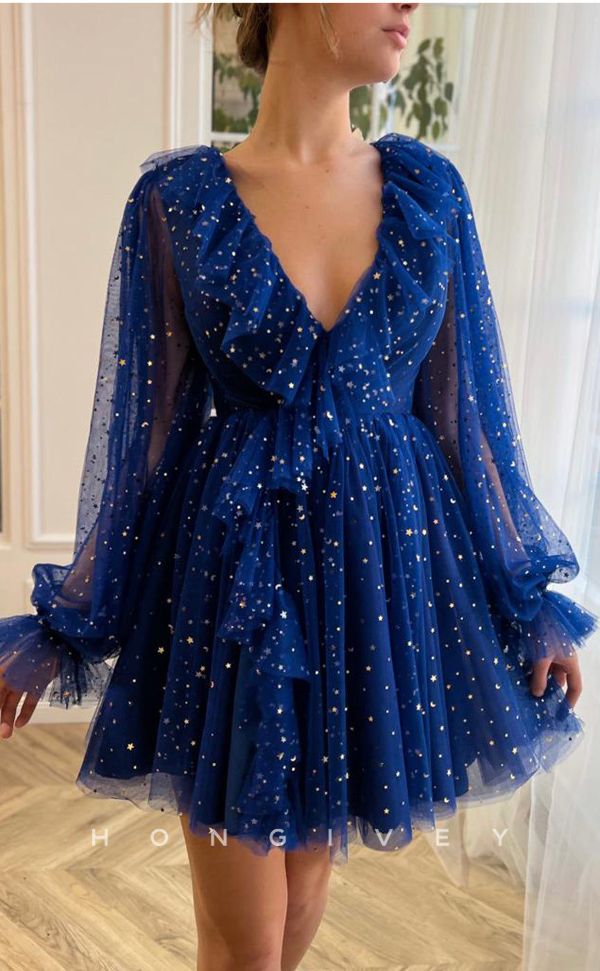 H1720 - Sheer Fully Glitter applique V-Neck Long Sleeves Ruffled Short Graduation Party Homecoming Dress