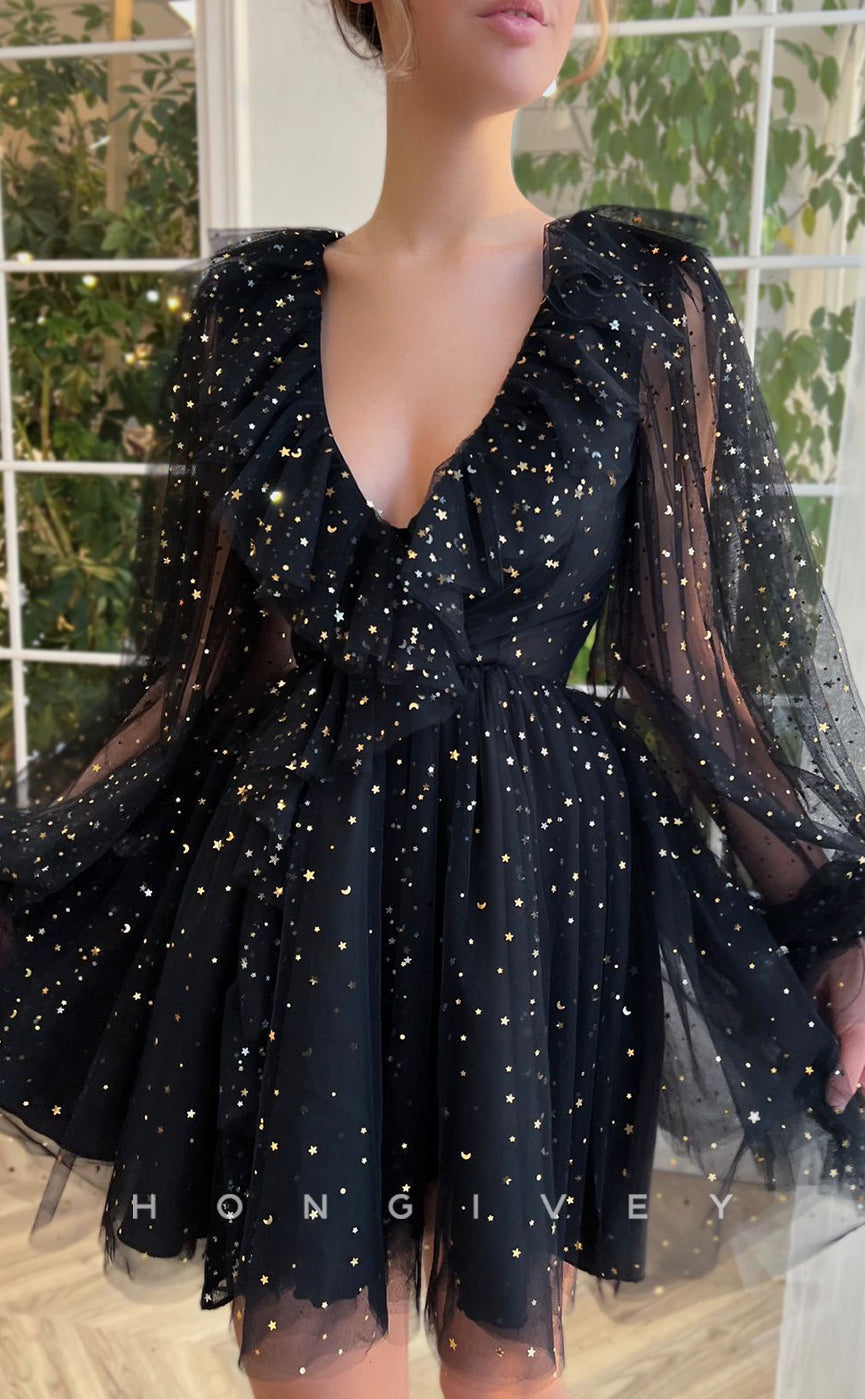 H1720 - Sheer Fully Glitter applique V-Neck Long Sleeves Ruffled Short Graduation Party Homecoming Dress