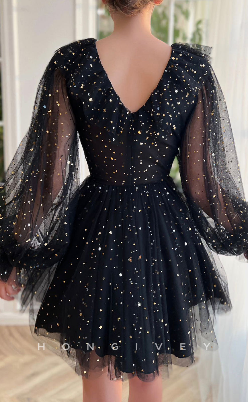 H1720 - Sheer Fully Glitter applique V-Neck Long Sleeves Ruffled Short Graduation Party Homecoming Dress