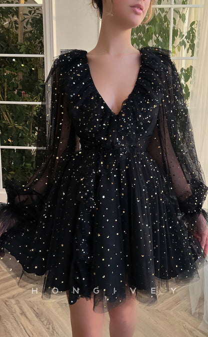 H1720 - Sheer Fully Glitter applique V-Neck Long Sleeves Ruffled Short Graduation Party Homecoming Dress