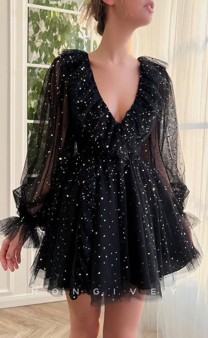 H1720 - Sheer Fully Glitter applique V-Neck Long Sleeves Ruffled Short Graduation Party Homecoming Dress