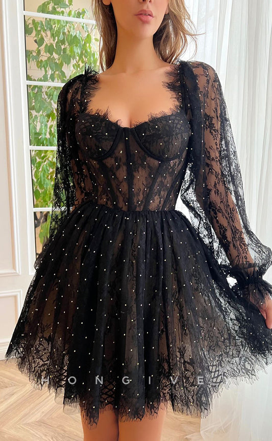 H1721 - Illusion Fully Lace Rhinestone Long Sleeves Strappy Short Graduation Party Homecoming Dress