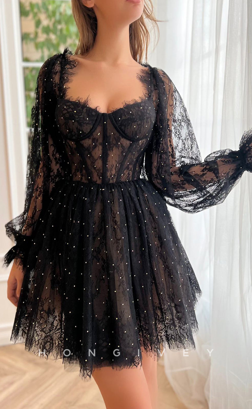 H1721 - Illusion Fully Lace Rhinestone Long Sleeves Strappy Short Graduation Party Homecoming Dress