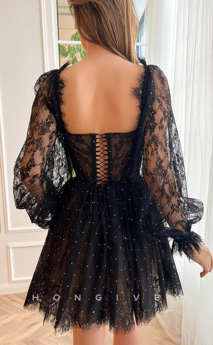 H1721 - Illusion Fully Lace Rhinestone Long Sleeves Strappy Short Graduation Party Homecoming Dress