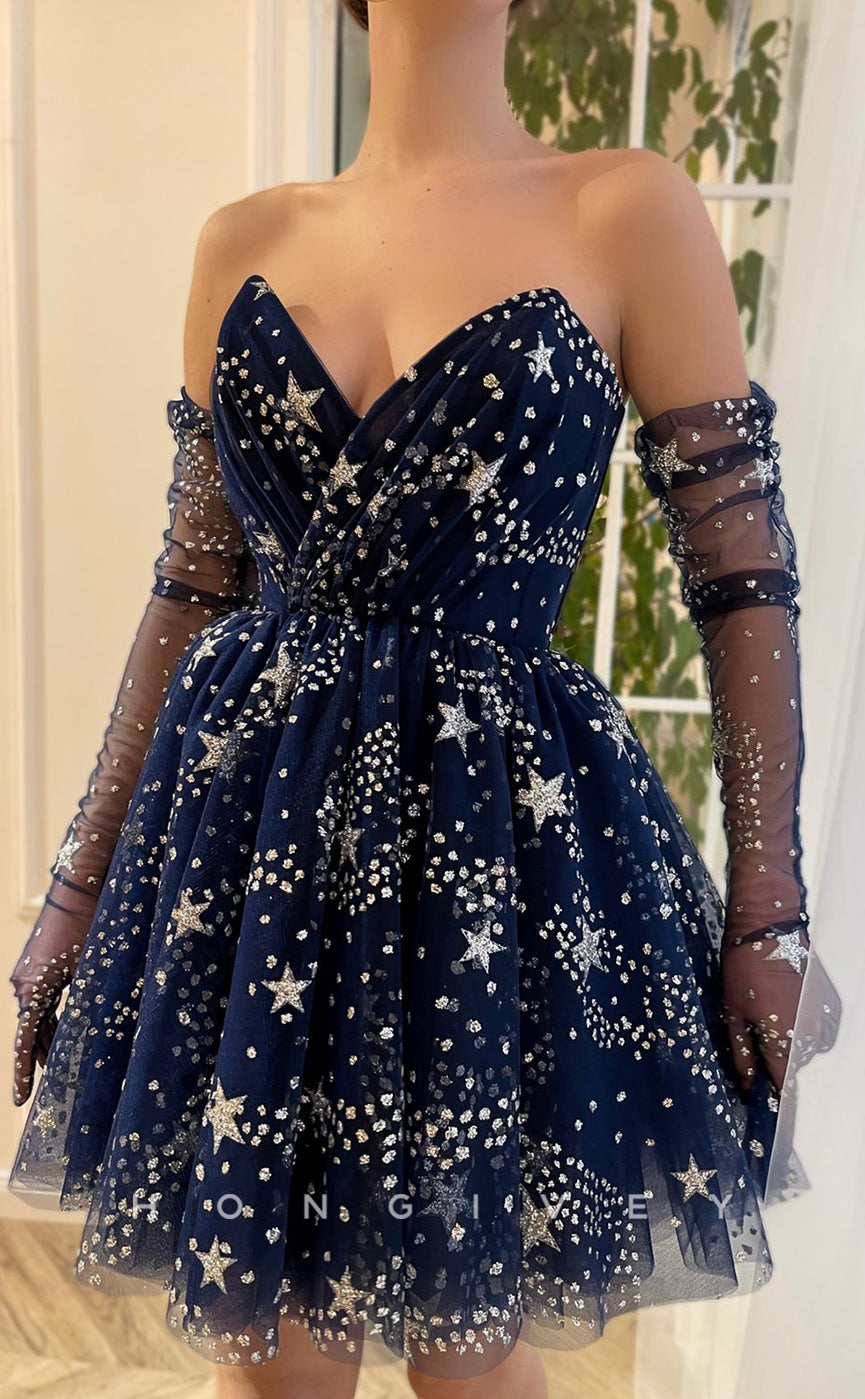 H1722 - Illusion  off shoulder long gloves Fully Glitter Print Short Graduation Party Homecoming Dress