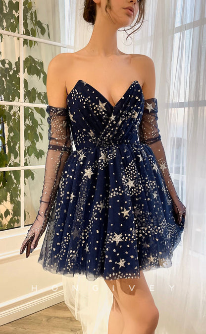 H1722 - Illusion  off shoulder long gloves Fully Glitter Print Short Graduation Party Homecoming Dress