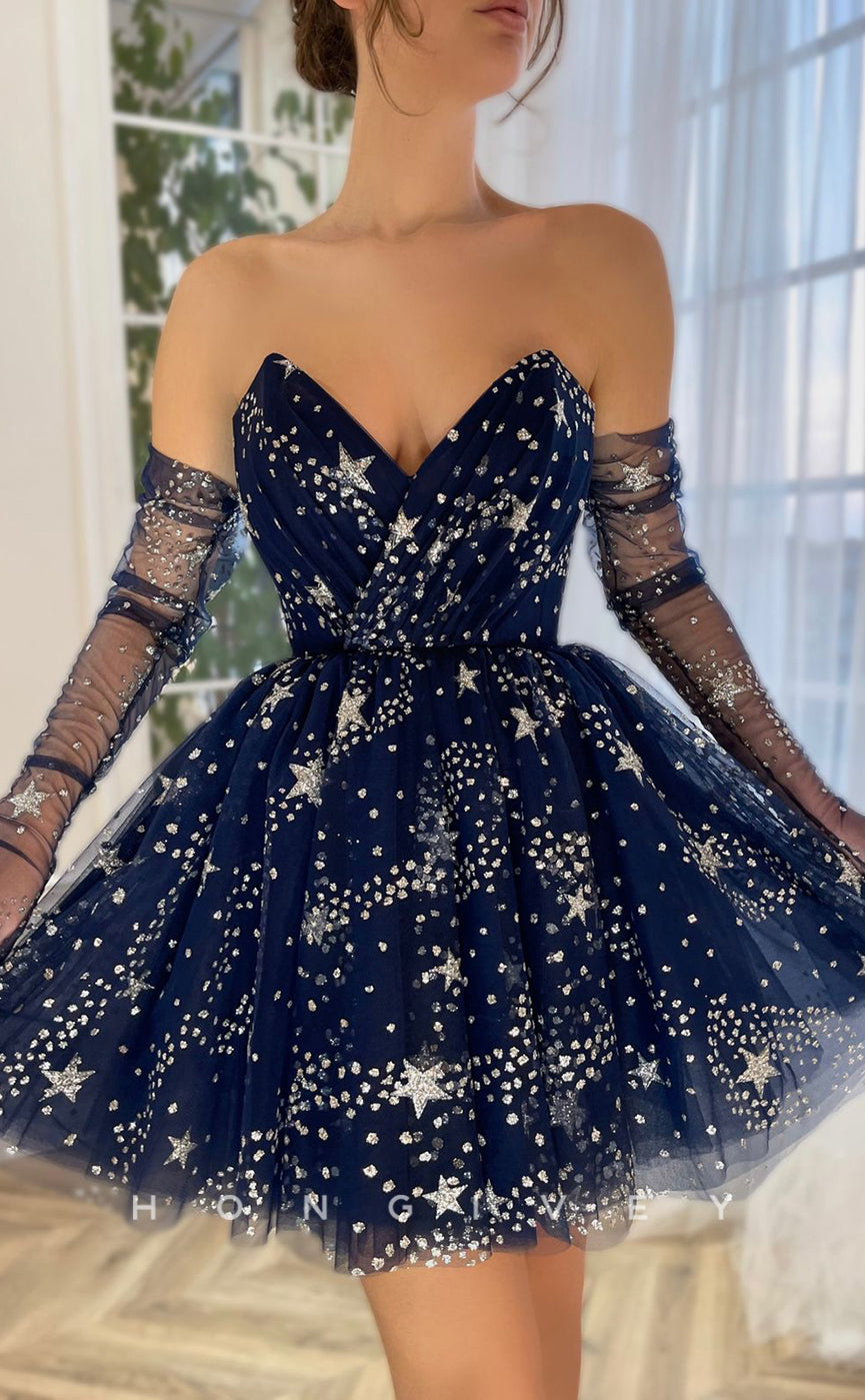 H1722 - Illusion  off shoulder long gloves Fully Glitter Print Short Graduation Party Homecoming Dress