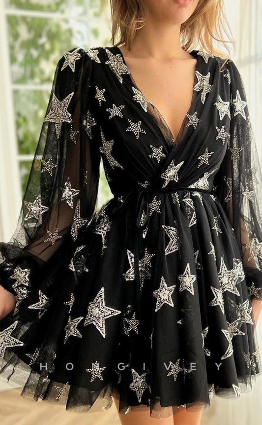 H1723 - Illusion Star Shape Rhinestone Applique Short Party Homecoming Graduation Dress