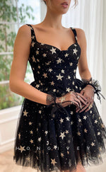 H1724 - Illusion Star Shape Glitter Print See-Through Gloves Short Graduation Party Homecoming Dress