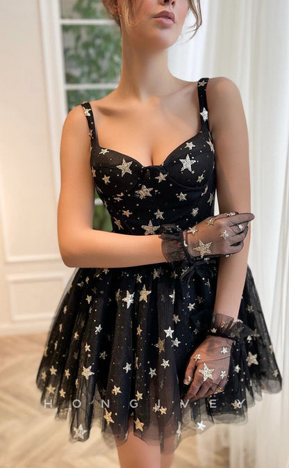 H1724 - Illusion Star Shape Glitter Print See-Through Gloves Short Graduation Party Homecoming Dress