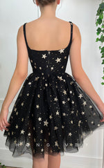 H1724 - Illusion Star Shape Glitter Print See-Through Gloves Short Graduation Party Homecoming Dress