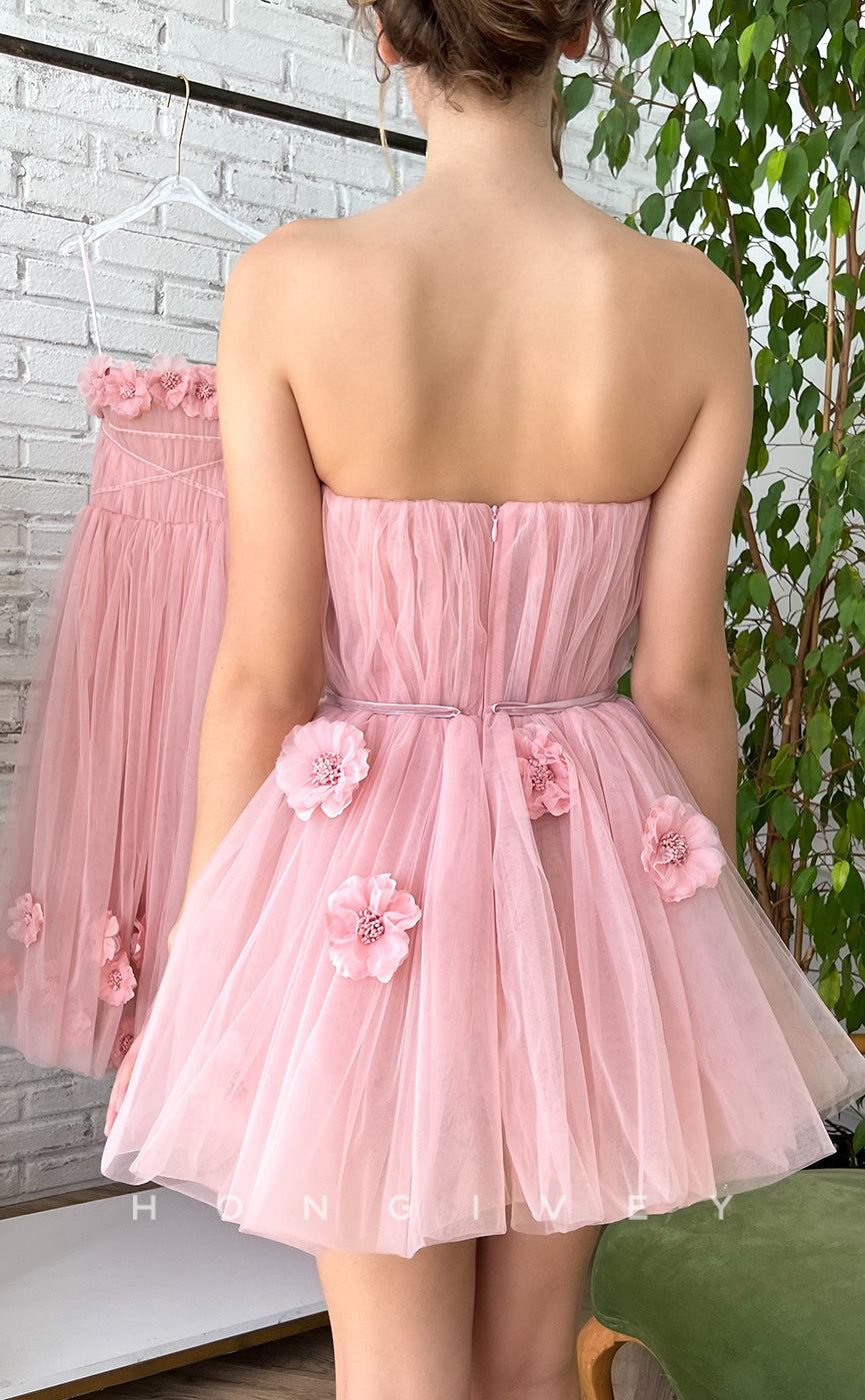 H1727 - Sweet Floral Embossed Strapless Lace-Up Short Graduation  Homecoming Party Dress