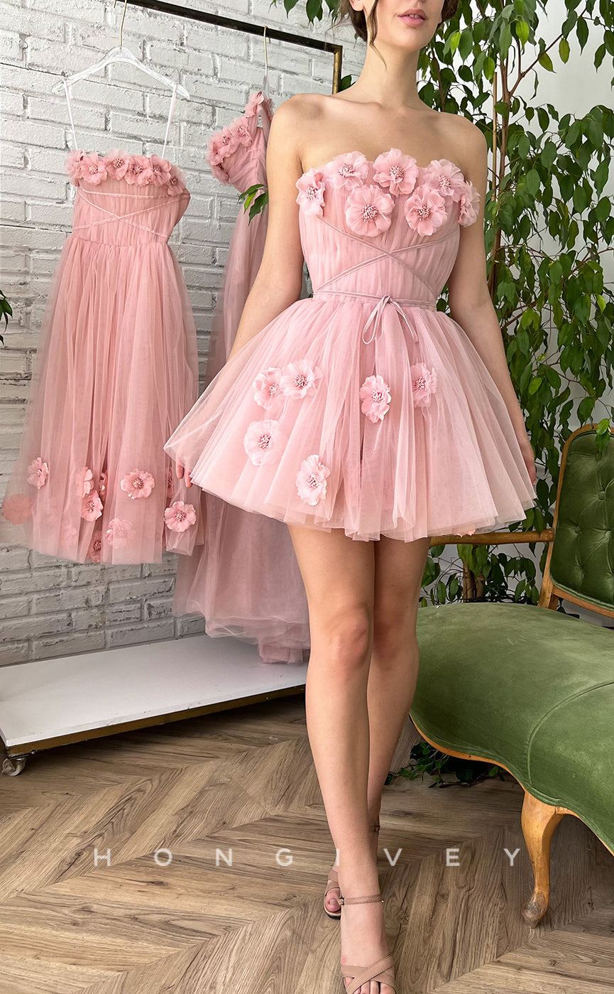 H1727 - Sweet Floral Embossed Strapless Lace-Up Short Graduation  Homecoming Party Dress