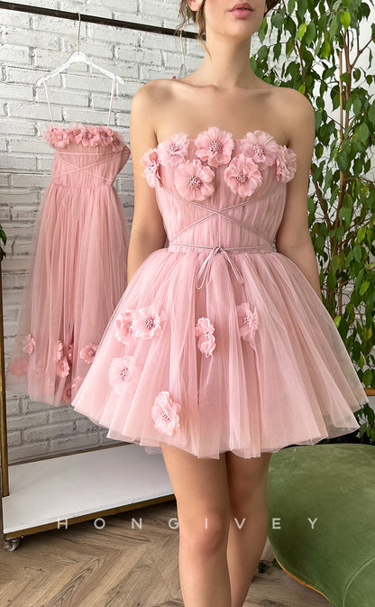 H1727 - Sweet Floral Embossed Strapless Lace-Up Short Graduation  Homecoming Party Dress