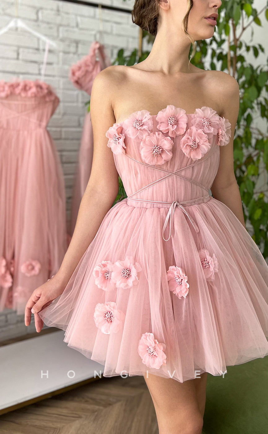 H1727 - Sweet Floral Embossed Strapless Lace-Up Short Graduation  Homecoming Party Dress