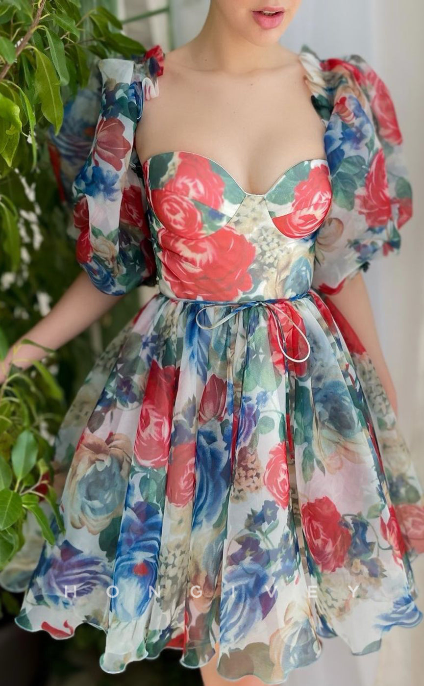 H1728 - Sweet Floral Pattern Lace-Up Puff Sleeves Short Graduation  Homecoming Party Dress