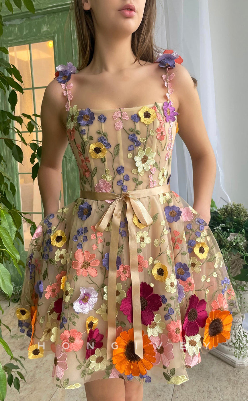 H1729 - Sweet Fully Floral Embossed Strappy Short Graduation Homecoming Party Dress