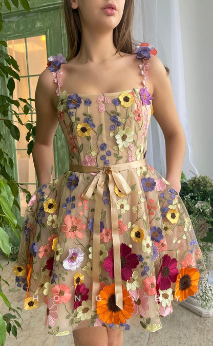 H1729 - Sweet Fully Floral Embossed Strappy Short Graduation Homecoming Party Dress