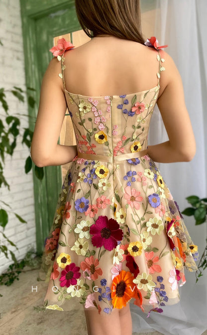 H1729 - Sweet Fully Floral Embossed Strappy Short Graduation Homecoming Party Dress