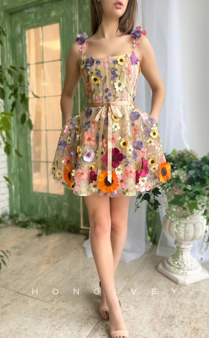 H1729 - Sweet Fully Floral Embossed Strappy Short Graduation Homecoming Party Dress