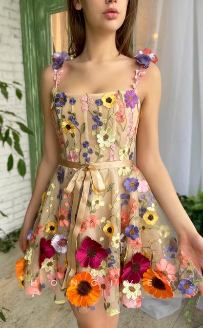 H1729 - Sweet Fully Floral Embossed Strappy Short Graduation Homecoming Party Dress