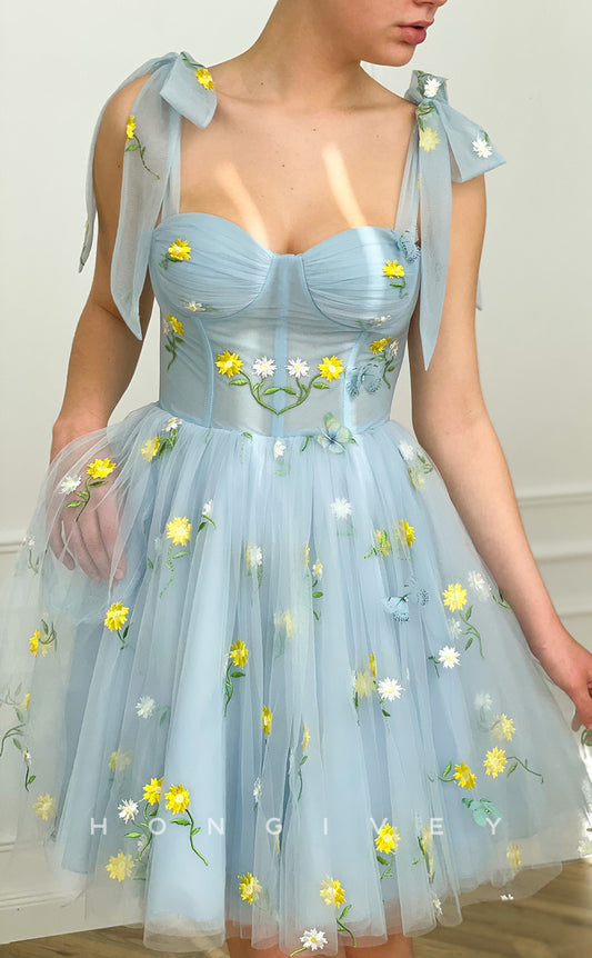 H1732 - Sheer Fully Floral Embroidered With Bow Detail Short Party Homecoming Graduation Dress