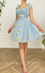 H1732 - Sheer Fully Floral Embroidered With Bow Detail Short Party Homecoming Graduation Dress