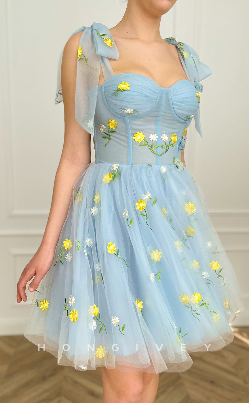 H1732 - Sheer Fully Floral Embroidered With Bow Detail Short Party Homecoming Graduation Dress