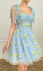 H1732 - Sheer Fully Floral Embroidered With Bow Detail Short Party Homecoming Graduation Dress