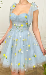 H1732 - Sheer Fully Floral Embroidered With Bow Detail Short Party Homecoming Graduation Dress