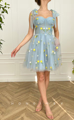 H1732 - Sheer Fully Floral Embroidered With Bow Detail Short Party Homecoming Graduation Dress